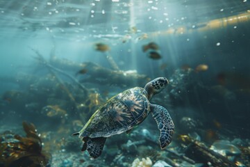 Fototapeta premium Sea turtle swims under water on the background of coral reefs. turtle underwater in the sun's rays against the backdrop of sea inhabitants. beautiful photo. Maldives Indian Ocean coral reef.