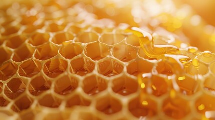 Close-up of golden honeycombs in sunlight, highlighting the rich yellow color and intricate geometric pattern of the beeswax, filled with delicious, fresh honey.