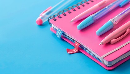 Pink notebook and pens on blue background with office supplies, perfect for a web banner with text space.