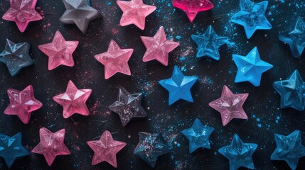 Vibrant 3D stars scattered on a black background in shades of blue and pink.