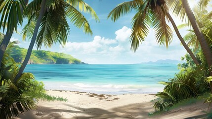 Sunny tropical beach with coco palms and the turquoise sea on caribbean island. Beach. Ultra realistic. Photorealistic