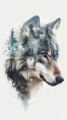 Fototapeta premium Double exposure of a wolf with a forest, created with generative AI technology