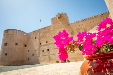 Jabreen citadel fortress stone walls bastions and red flowers in the foreground, Bahla, Oman