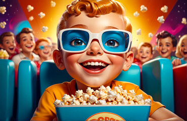 3d illustration kid watching a movie at the cinema with popcorn