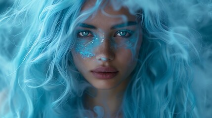  Portrait of a young girl with blue long hair dressed like a powerful magician or an elf 