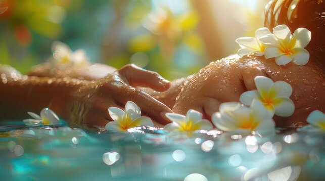Nuad Thai therapist performing traditional massage, close up, focus on technique, realistic, double exposure, serene spa backdrop