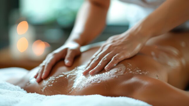 Nuad Thai therapist performing back massage, close up, dynamic, overlay, calming environment backdrop
