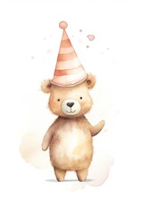 Watercolor teddy bear in a party hat waving hello..