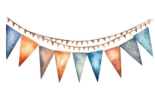 Watercolor pennant garland with orange, blue, and brown flags on a string, polka-dotted pattern.