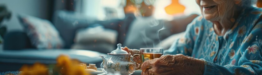 Elderly woman sitting at table, smiling, holding a cup.