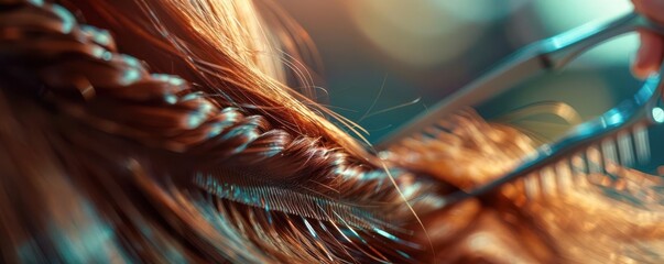 Hair stylist using scissors and comb, close up, dynamic, overlay, sophisticated salon backdrop