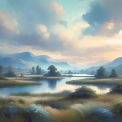 Fototapeta premium Serene Landscape: Misty Morning by the Lake