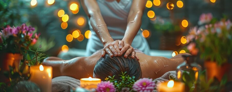 Massage therapist applying pressure points, focus on healing, dynamic, manipulation, rustic spa backdrop