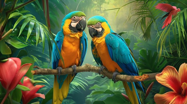 Two colorful parrots perched on a tree branch in a tropical rainforest, surrounded by vibrant flowers and foliage, ultra high definition, 8K painting