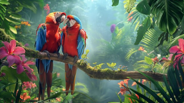 Two colorful parrots perched on a tree branch in a tropical rainforest, surrounded by vibrant flowers and foliage, ultra high definition, 8K painting