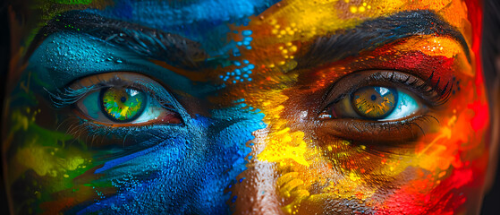 Artistic portrait of a woman with colorful paint on her face, blending fashion and creativity