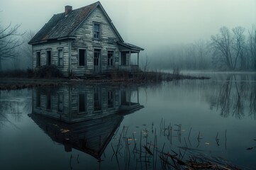 Fototapeta premium A dark, abandoned house on the shore of a lake with cracked wooden walls and a foggy view, evoking fear and a ghostly atmosphere.