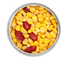 Boiled red beans and corn in tin can isolated on white, background and texture