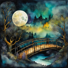 A bridge and distant city skyline at night with a full moon and a slightly creepy landscape. 