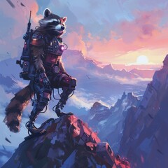 Fototapeta premium Cyborg raccoon on peak, surveying landscape with enhanced vision and mechanical limbs