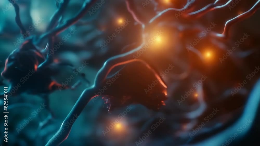Poster close-up of a neuron with glowing synapses