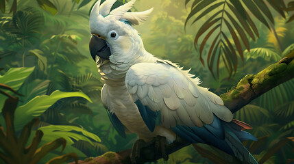 a white parrot with black markings around its eyes and beak. The parrot has vibrant blue feathers on the tips of its wings and tail, with a touch of red