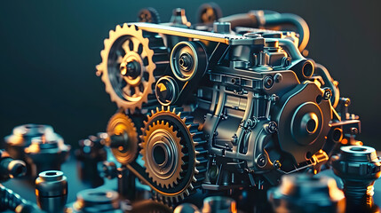 Explore detailed explanations of car engine parts and gears anatomy. Concept Internal Combustion Engine, Cylinder, Piston, Crankshaft, Camshaft, Timing Belt, Valves, Fuel Injectors, Spark Plugs