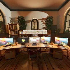 A modern office with multiple monitors and computers, showcasing a high-tech workspace designed for productivity and efficiency