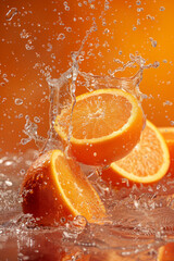 Juicy oranges splashing into water. Citrus fruits with water droplets