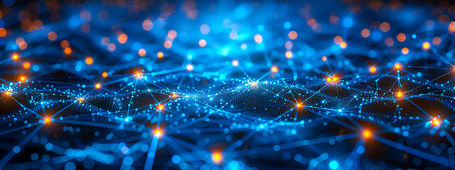 Futuristic blue digital network with abstract geometric patterns and data connections