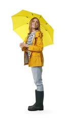 Woman with yellow umbrella on white background