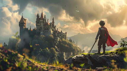 Smart brave hero in knight uniform standing at hill and looking at castle. Cute boy planning to conquer the castle while holding the iron sword surrounded with green grass in magical world.