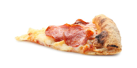Piece of tasty pepperoni pizza isolated on white