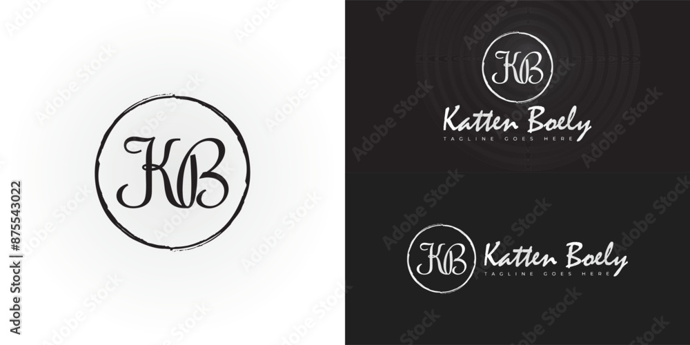 Poster abstract initial circle letters kb or bk logo in black color isolated on multiple background colors.