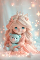 Adorable cartoon princess in pink dress, crown and pink teddy bear, with long blonde hair and blue eyes, in cute, youth graphic style.