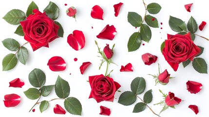 Red roses with petals and green leaves arranged on white background. Flat lay composition. Romantic floral design for poster, wallpaper, banner, greeting card, invitation, postcard.