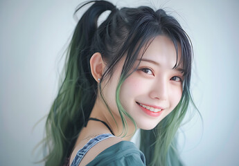 Fototapeta premium Beautiful Japanese girl straight hair smiling looking camera against white background halflength photo She green ponytail hairstyle wearing light colored fresh style natural skin tone She delicate