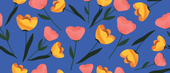 Pattern with hand-drawn bright flowers on a blue background. Seamless floral background.