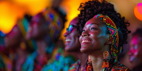 Joyful Women at Vibrant Cultural Festival. Joyful women enjoying a vibrant cultural festival, highlighting colorful attire, happiness, and community celebration. Banner with copy space