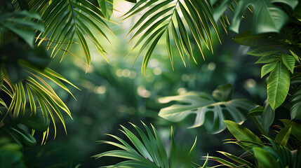 Lush Green Tropical Leaves With Blurred Background