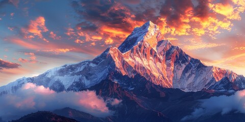 Snow-capped mountain peak during sunset with clouds. Concept of nature and tranquility. Banner with copy space