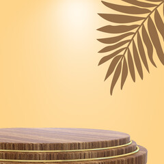 New product background for small products display post orange leafy background with wooden product base 