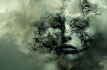 Surreal artwork of face merging with clouds