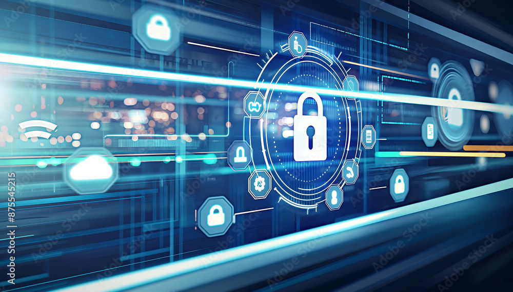 Aufkleber data cyber security concept with abstract high speed technology privacy data protection motion blurr