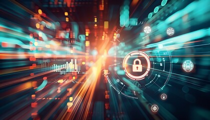 Data cyber security concept with abstract high speed technology privacy data protection motion blurred illustration. Generative AI
