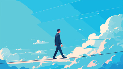 Obraz premium A Businessman walking on a long rope at risk
