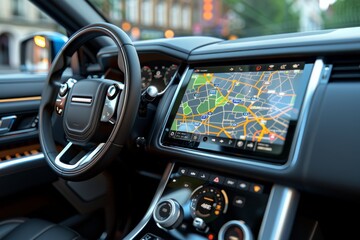 Car dashboard with navigation system and steering wheel in focus. Automotive interior photography for design and print