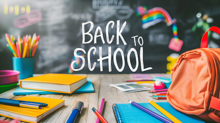 Back to school set with backpack and office supplies. School background. Front view. Chalkboard with doodles and text.