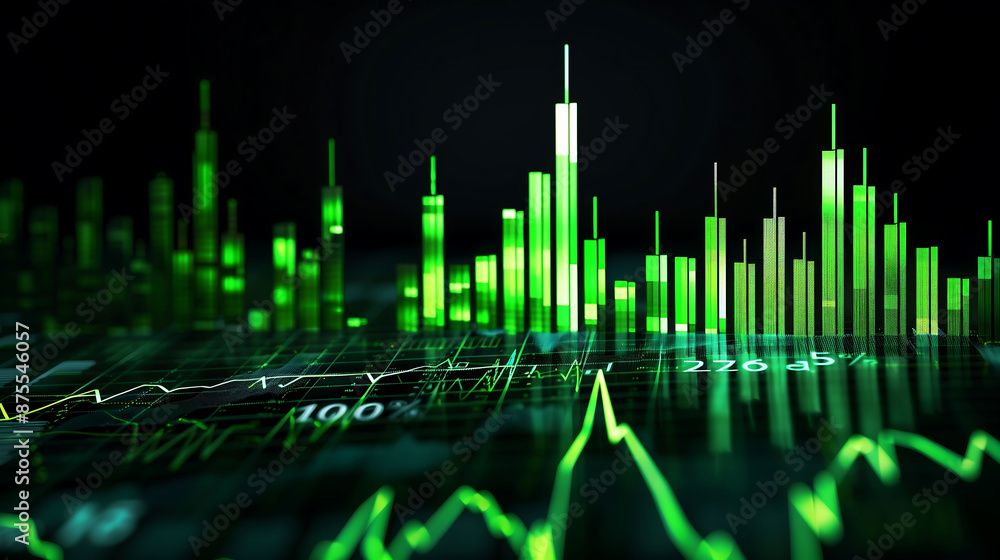 Poster a stock market graph with green candlestick chart showing an up trend line pattern of the trading gr