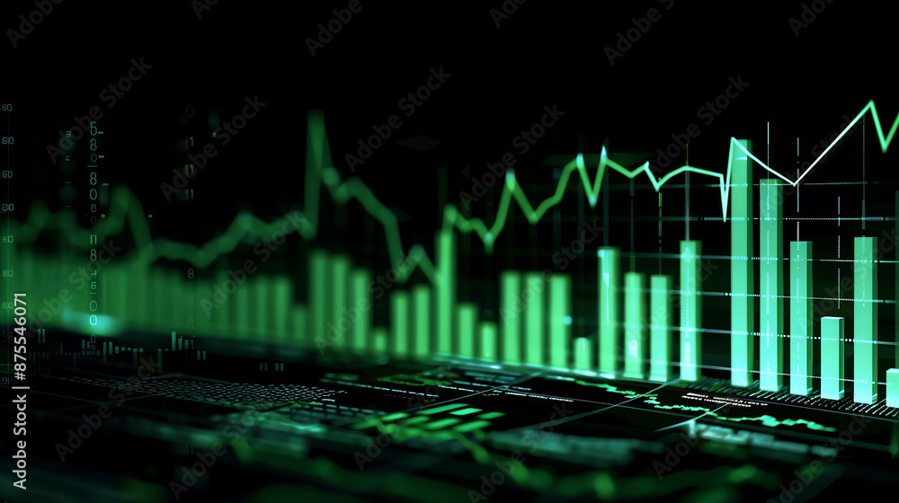 Poster a stock market graph with green candlestick chart showing an up trend line pattern of the trading gr